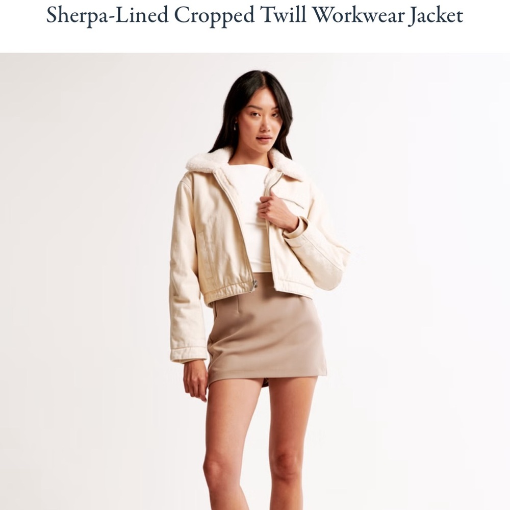 NWT Abercrombie & Fitch Sherpa-Lined Cropped Twill Workwear Cream chore coat